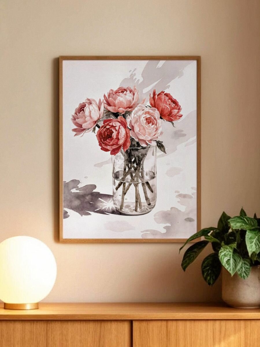 Постер Акварельные пионы 30х40 см на стену картина без рамы на бумаге