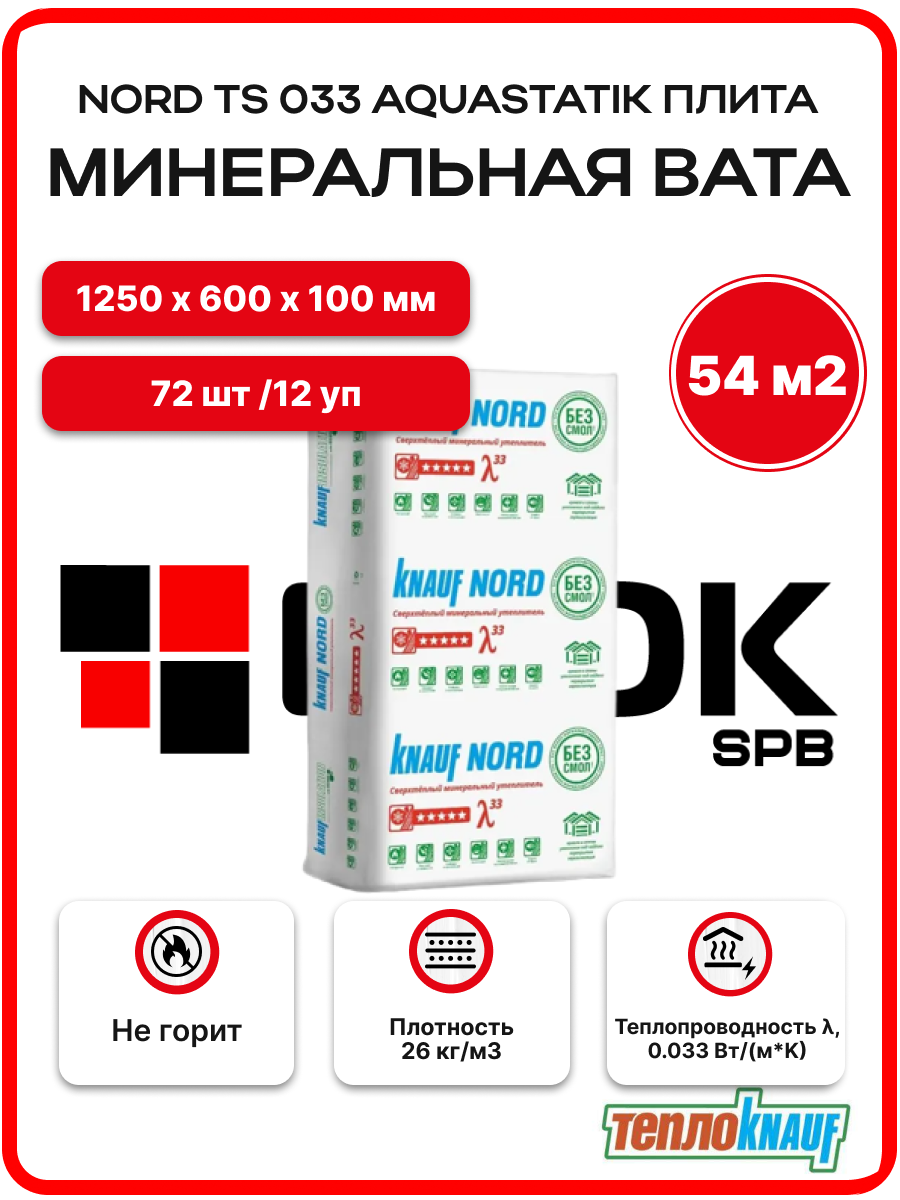 KNAUF NORD TS 033 100 мм ( 12 уп. / 54 м2 / 72 плиты) Кнауф Aquastatik минеральная вата утеплитель для перегородок стен скатной кровли
