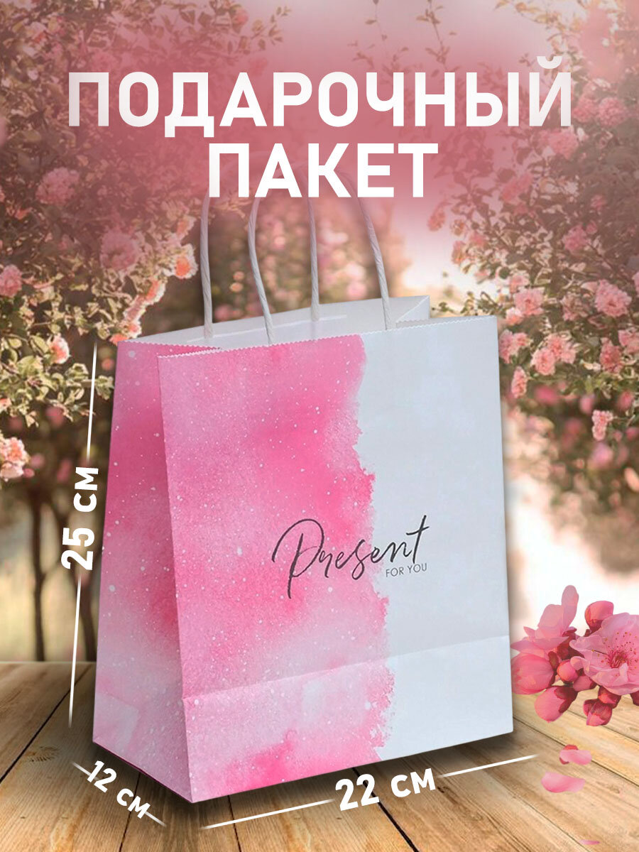 Пакет подарочный 22 х 25 х 12 см розовый крафтовый для упаковки подарка