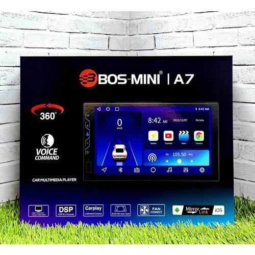 фото Автомагнитола android bos-mini a7 4/64 carplay dsp, lcd экран на 7 дюйм мощная сенсорная магнитола 2din с 8 ядерным процессором 4/64 gb и кулером охлаждения