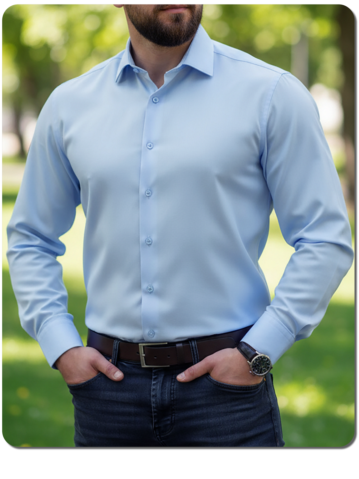 Рубашка приталенная с длинным рукавом мужская рубашка, светлая сорочка на пуговицах, рубаха на любой сезон, голубая однотонная, без карманов, на любой сезон и на лето рубашка Slim fit с приталенным кроем зауж