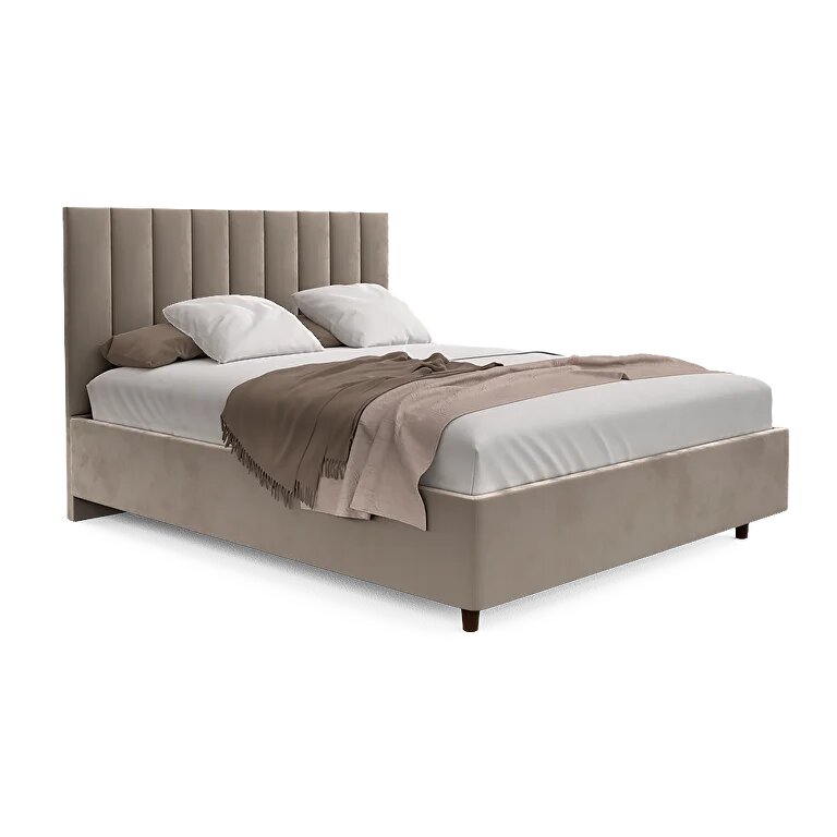 Кровать 140х200 с мягкой обивкой из велюра и подъемным механизмом с ножками с изголовьем 112 см, цвет серо-коричневый