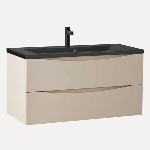 Изображение товара Тумба с раковиной BelBagno Marino 100 подвесная, 100 см, бежевая, матовая, из МДФ, с ящиками, раковина для ванной из камня, прямоугольная, встроенный слив-перелив