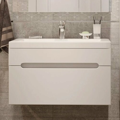 Изображение товара Тумба с раковиной DIWO Коломна подвесная, 80 см, белая, глянцевая, из МДФ, с ящиками, раковина для ванной фарфоровая, прямоугольная, встроенный слив-перелив, с сифоном