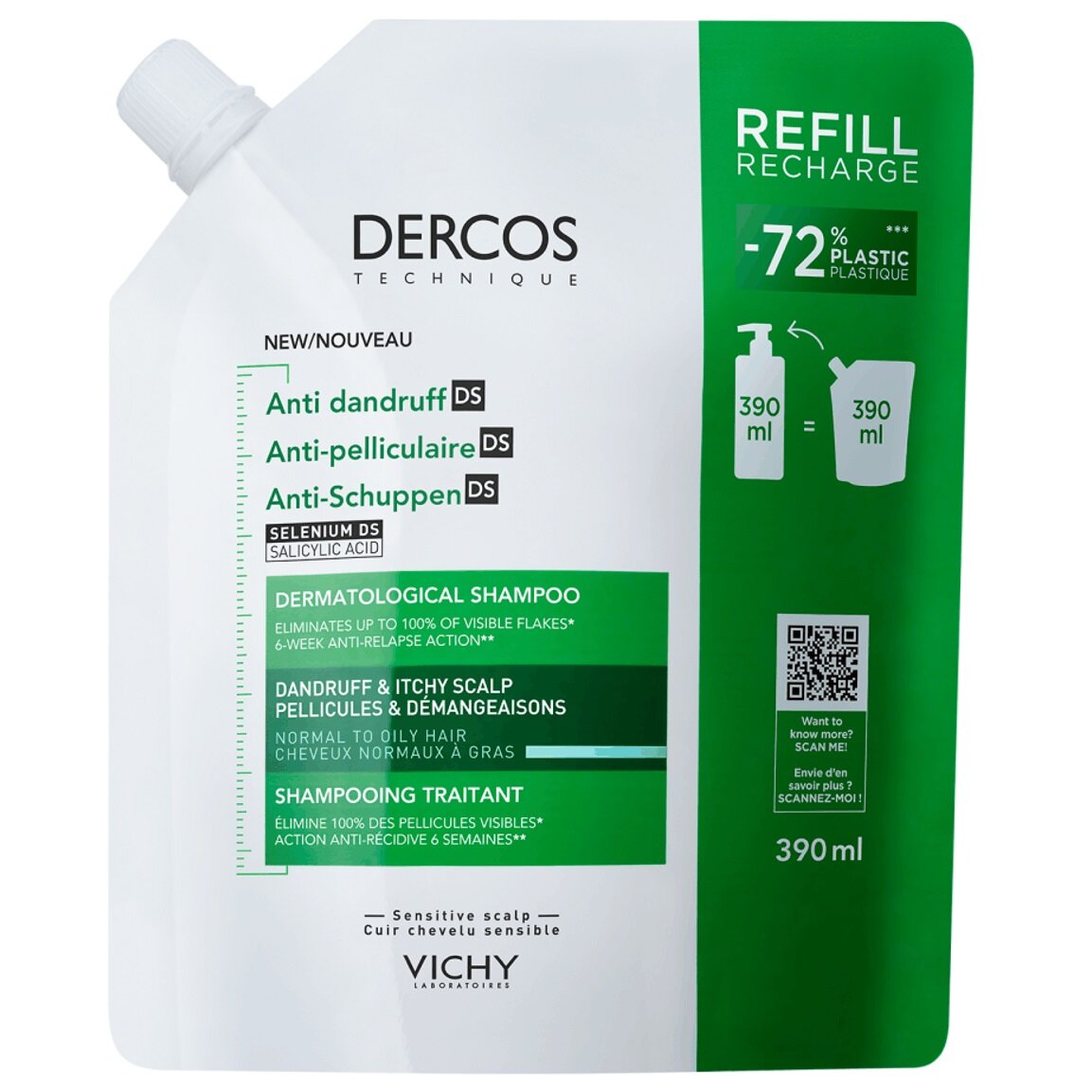 Шампунь-уход Vichy Dercos, против перхоти, для нормальных и жирных волос, рефил, 390мл — фото 1
