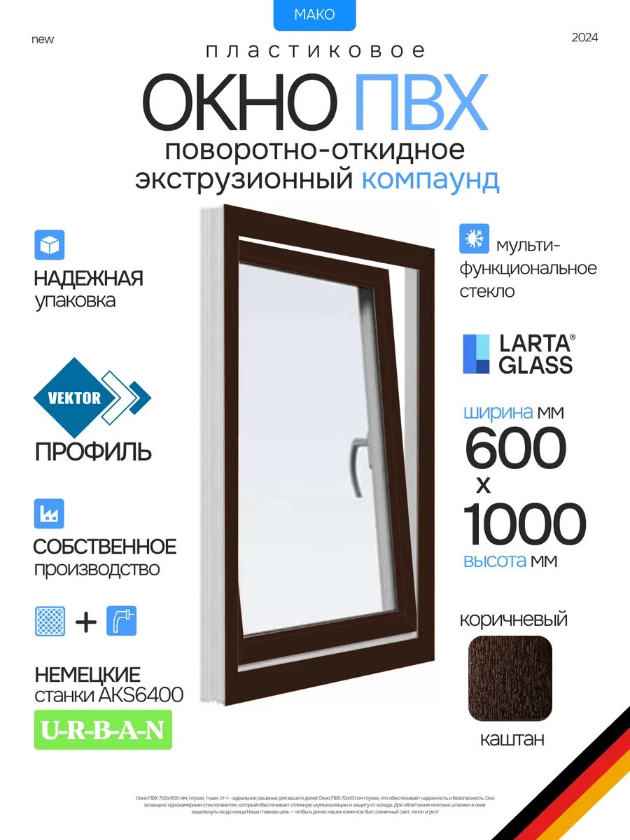 Окно пластиковое 100 х 60 см. поворотно-откидное правое коричнивое ПВХ энергосберегающий однокамерный стеклопакет