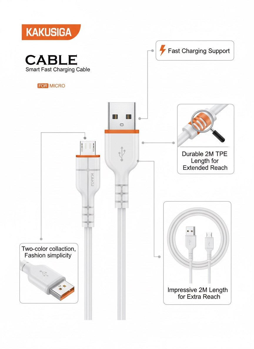 Кабель KAKUSIGA Micro USB – 2 метра, быстрая зарядка, материал TPE — фото 1