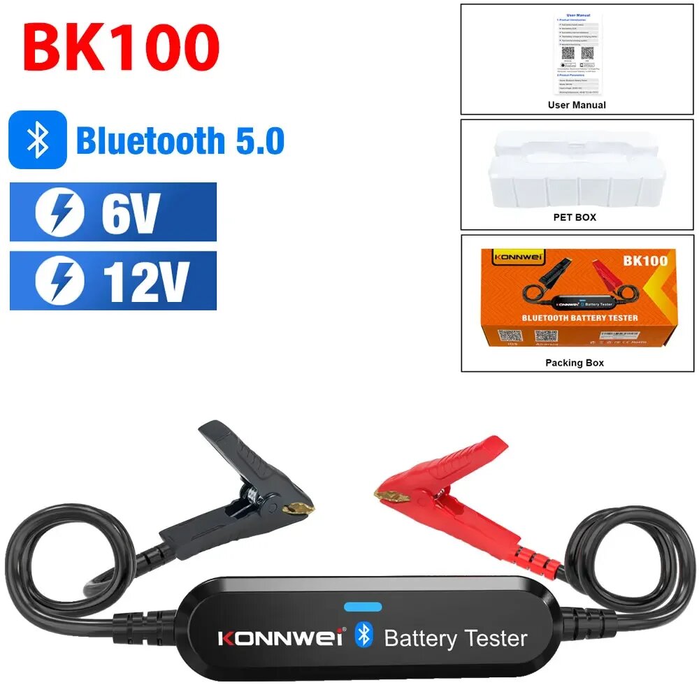 KONNWEI BK100 и BK200 6 В 12 В 24 В Bluetooth 50 Автомобильный тестер аккумулятора для грузовиков Монитор формы волны 100-2000 CCA Зарядка Cranking BK100 6V 12V BLACK
