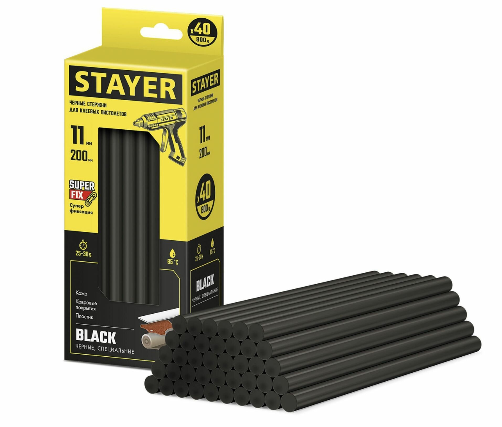 Стержень (11х200 мм; черный; 40 шт.) по ковролину/коже для клеевого пистолета STAYER 2-06821-D-S40