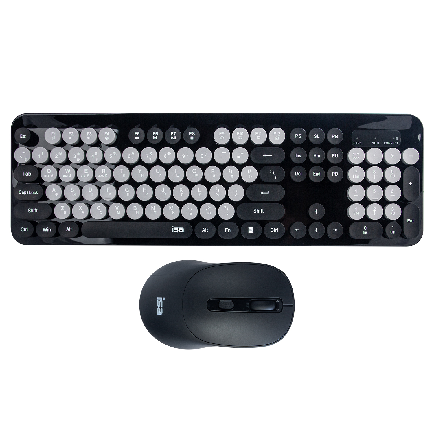 Комплект: беспроводная клавиатура с круглыми кнопками + мышь, ISA KB-09, цвет черный