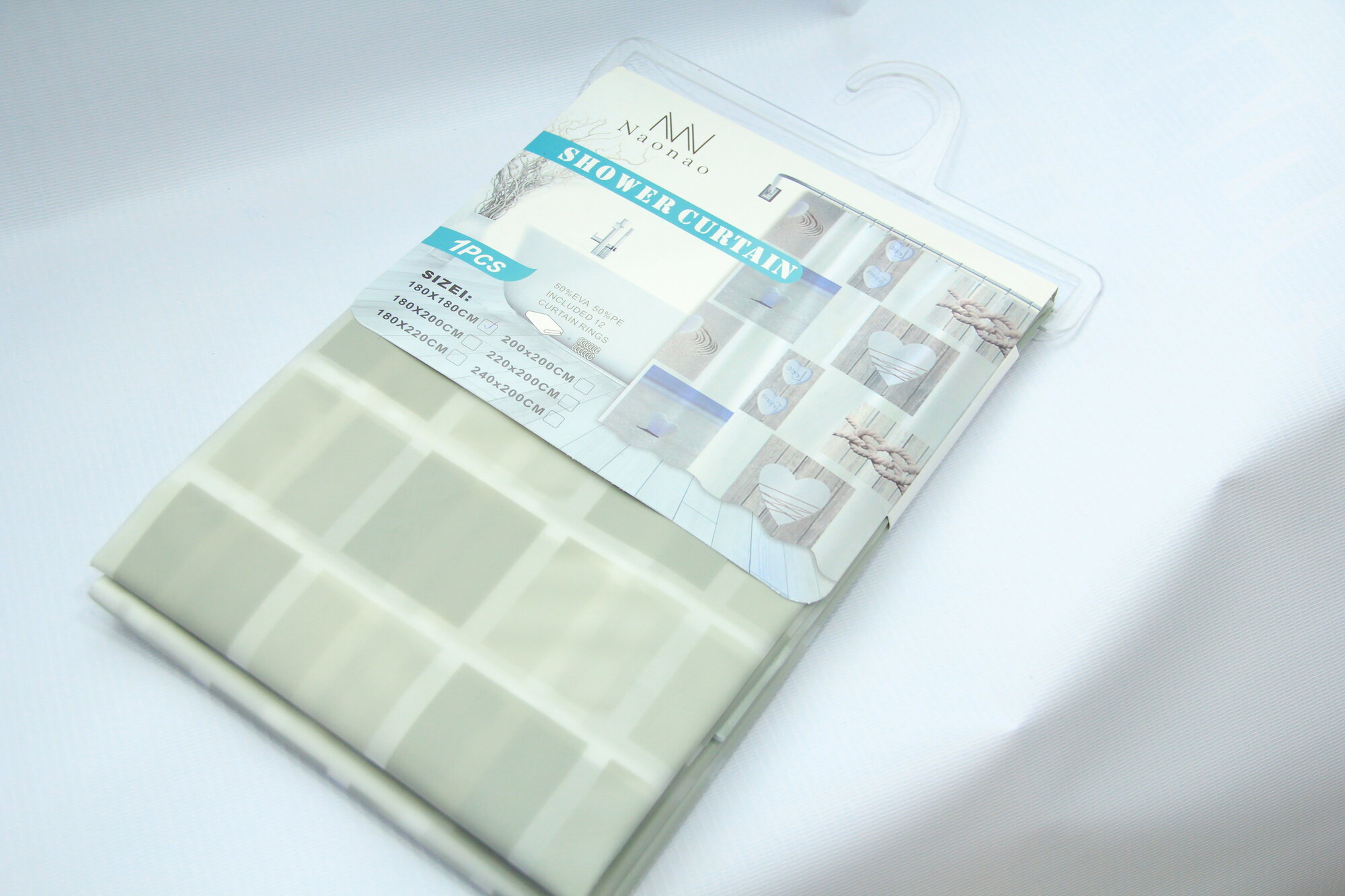 Штора для ванны Naonao 180x180, серая, виниловая, с кольцами, антибактериальная