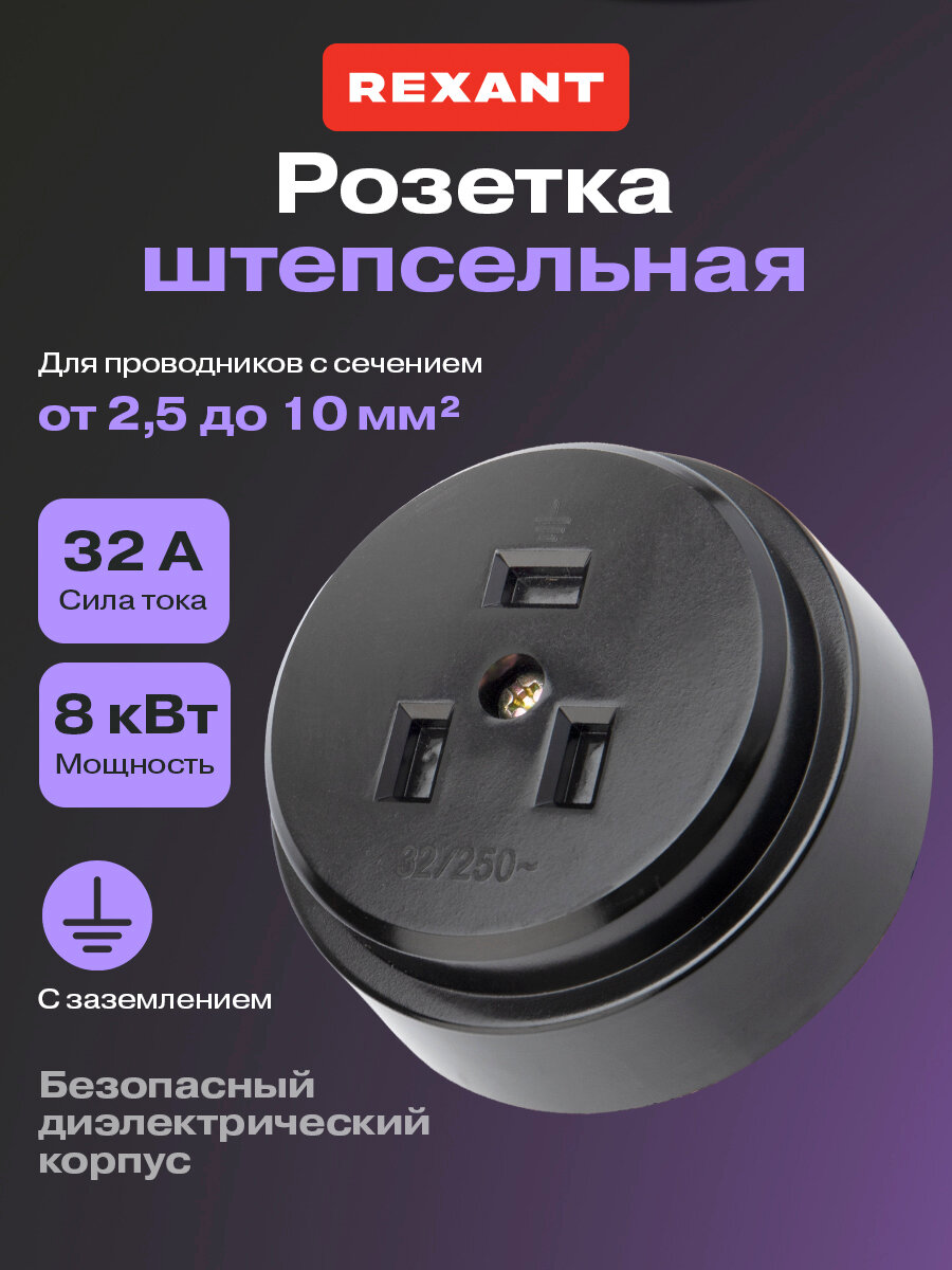 Розетка силовая РШ для электрической плиты 32 А 250 В черная REXANT