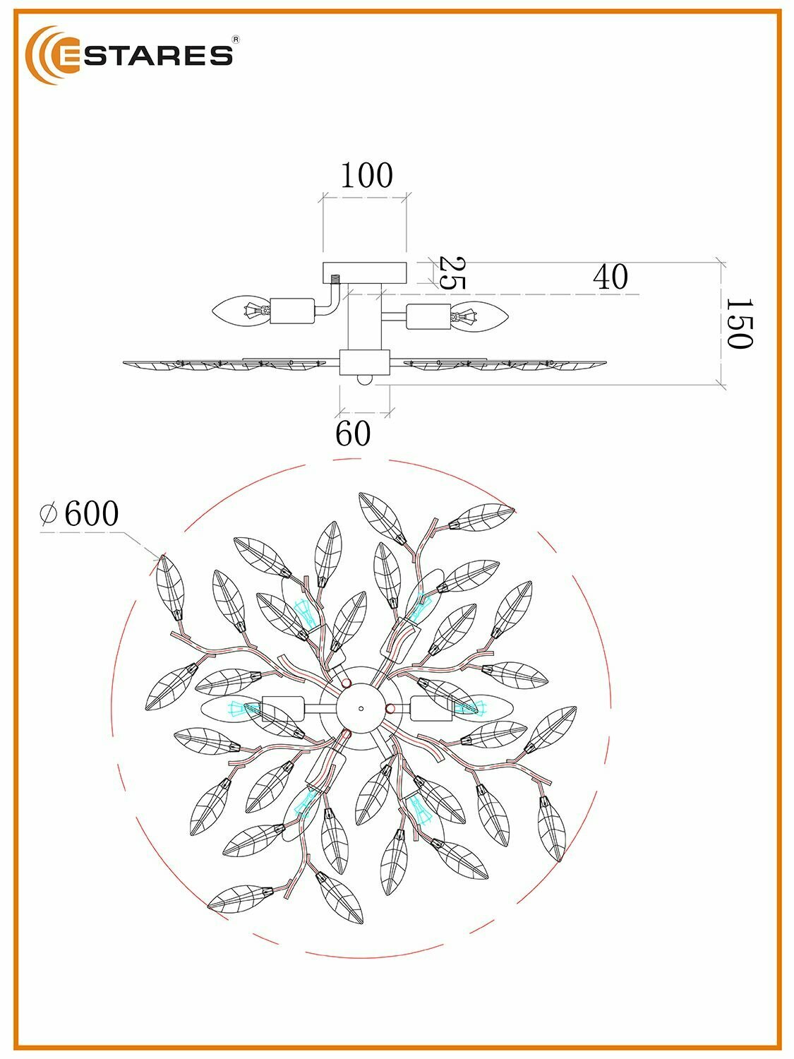 Люстра Estares VIOLA, 6xE14, 20м², потолочная, хромированная, с кристаллами — фото 1