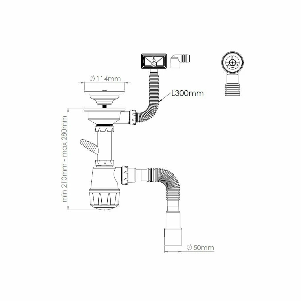 Сифон , универсальный ( кругл. и прямоуг. перелив), для кухни, с гидрозатвором, 3 1/2 и 1 1/2 дюйма
