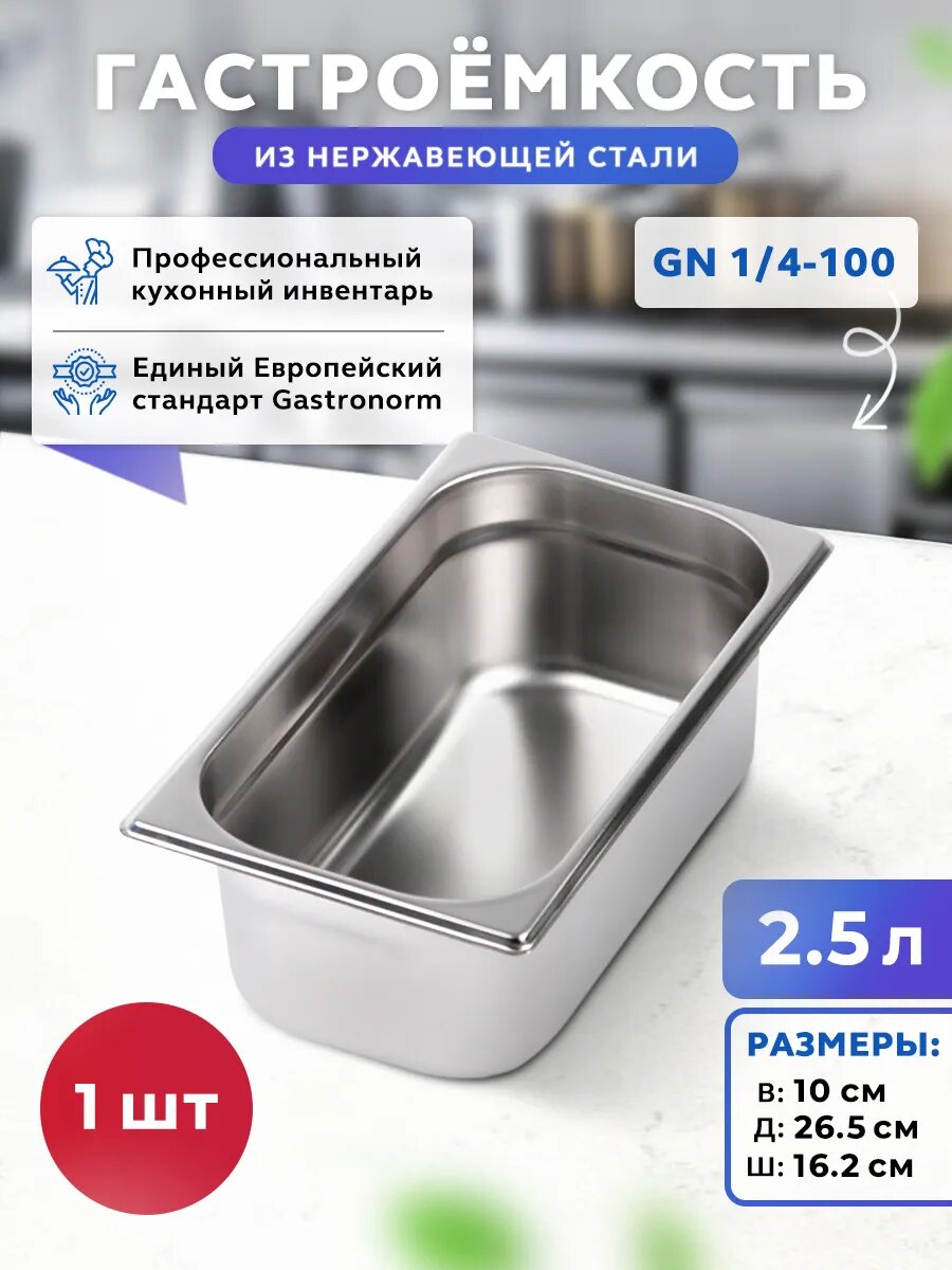 Гастроемкость Gastrorag GN 1/4-100 14100, нержавеющая сталь, 2,5л