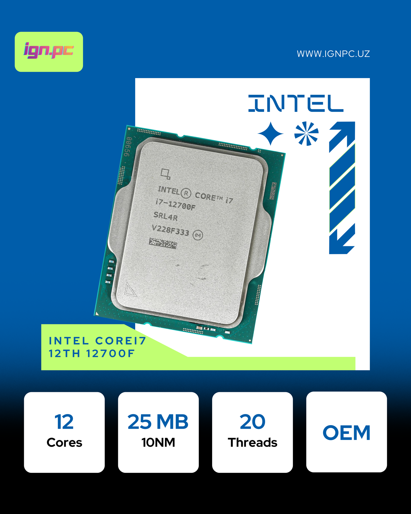 Intel-Core i7 - 12700F, 3.2 GHz, 25MB, oem, LGA1700, Alder Lake