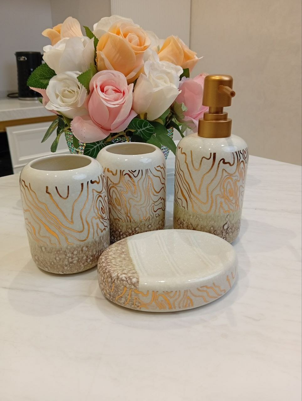 Набор для ванной комнаты, 4 предмета, белого и золотого цвета, качественная