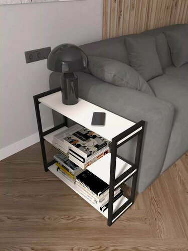 Изображение товара Журнальный столик SAMADA приставной к дивану в стиле Loft, кофейный стол на металлокаркасе, 68х24х64 см, черный / белый