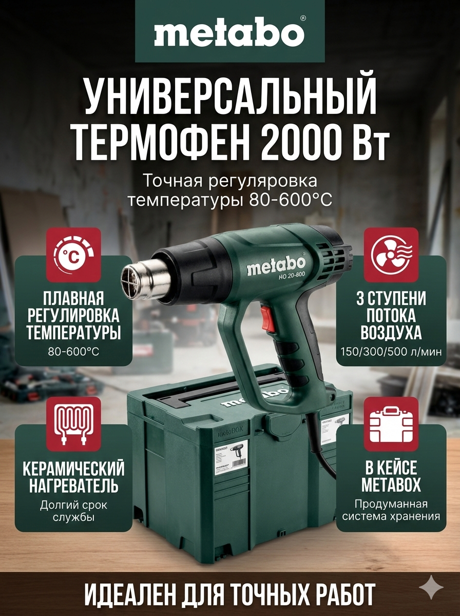 Термофен Metabo 602066500 HG 20-600, профессиональный, до 600°C