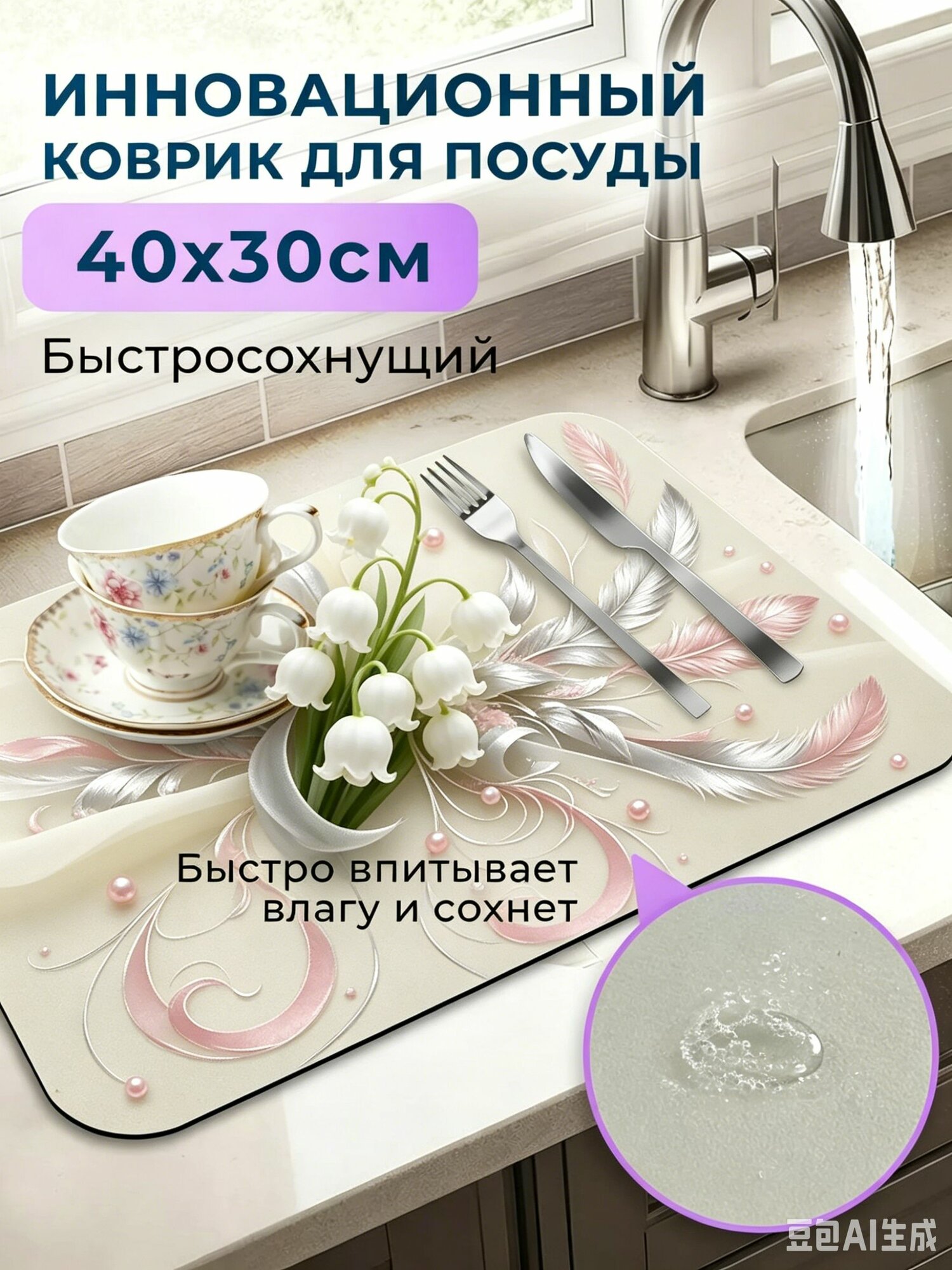 Коврик для кухни 40x50 см 2 мм геометрический бронза, бирюзовый