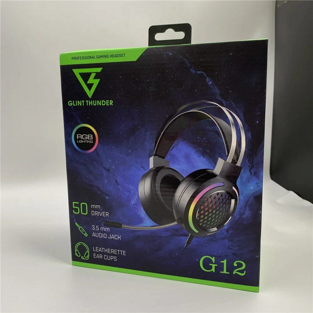 Игровые наушники Clint "Thunder G12", RGB-подсветка, полуоткрытое акустическое оформление, чёрные