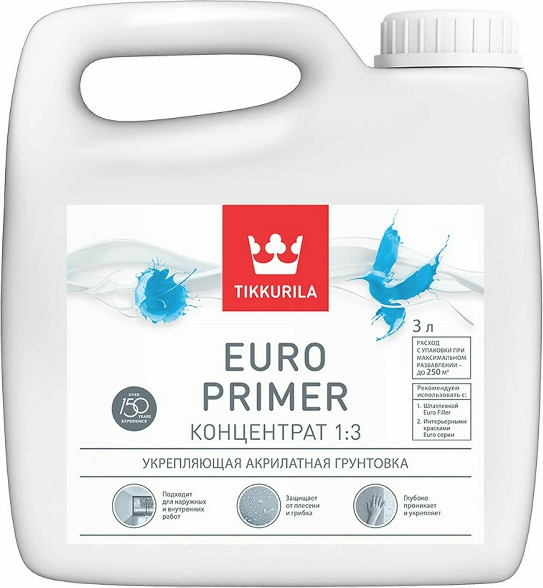 Грунт Tikkurila Euro Primer, концентрат, 3 л, для внутренних и фасадных работ, защищает от плесени и грибка