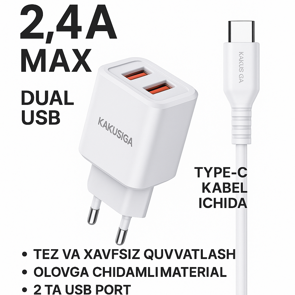 Зарядное устройство KAKUSIGA 2.4A Max с кабелем Type-C (2 порта USB, евровилка)