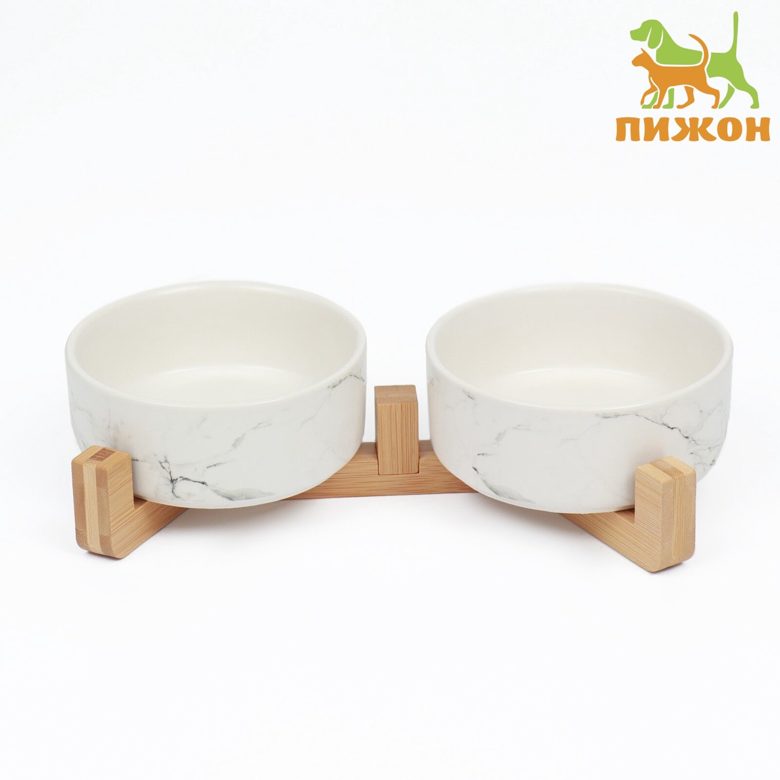 Картинки Миски керамические двойные на подставке 2 х 450 мл 28,5 х 15,5 х 7 см, мрамор