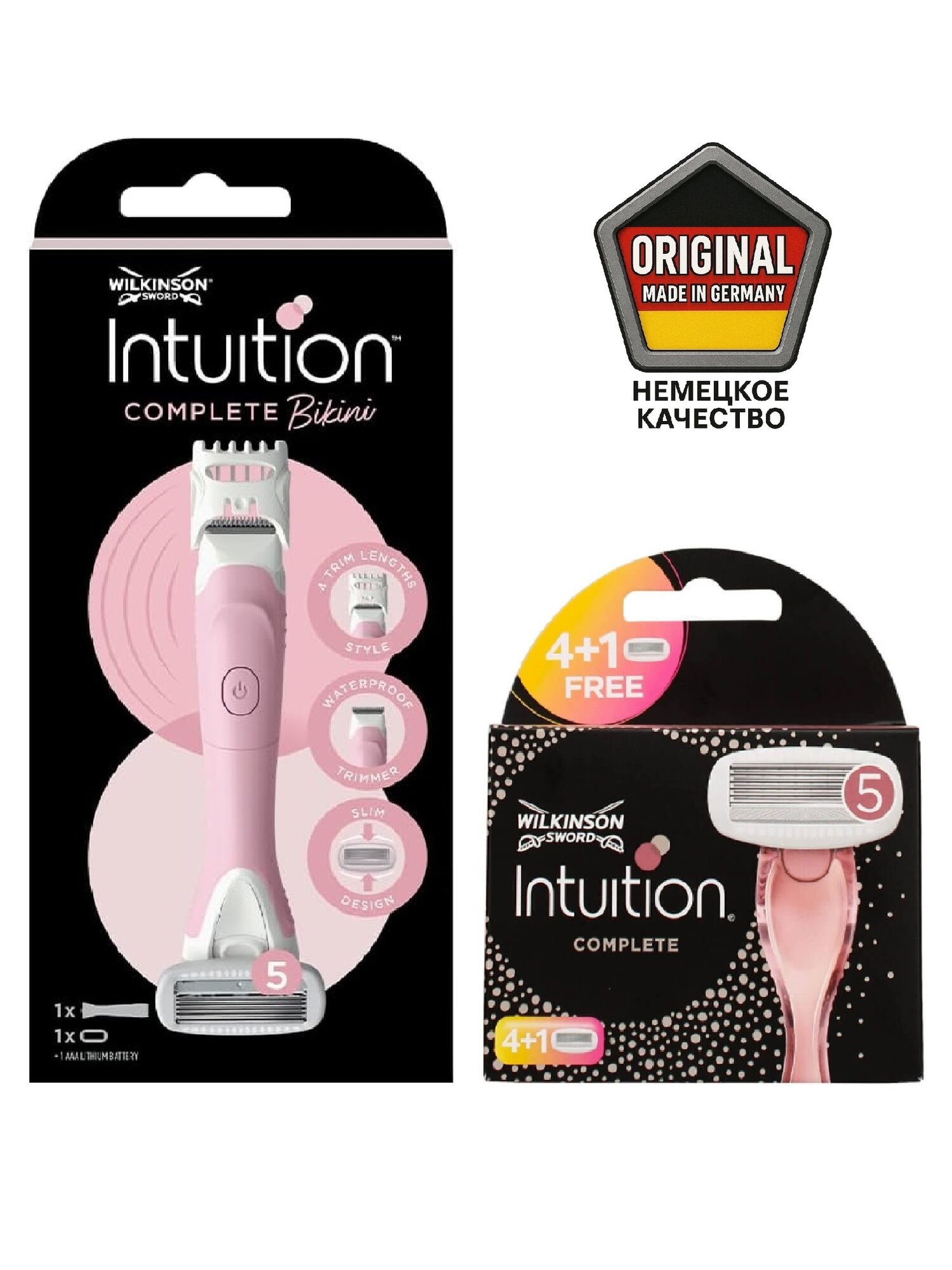 Wilkinson Sword / Schick Intuition Complete Bikini Trimmer / Бритва женская с триммером и 1 сменной кассетой + упаковка кассет 5 шт.