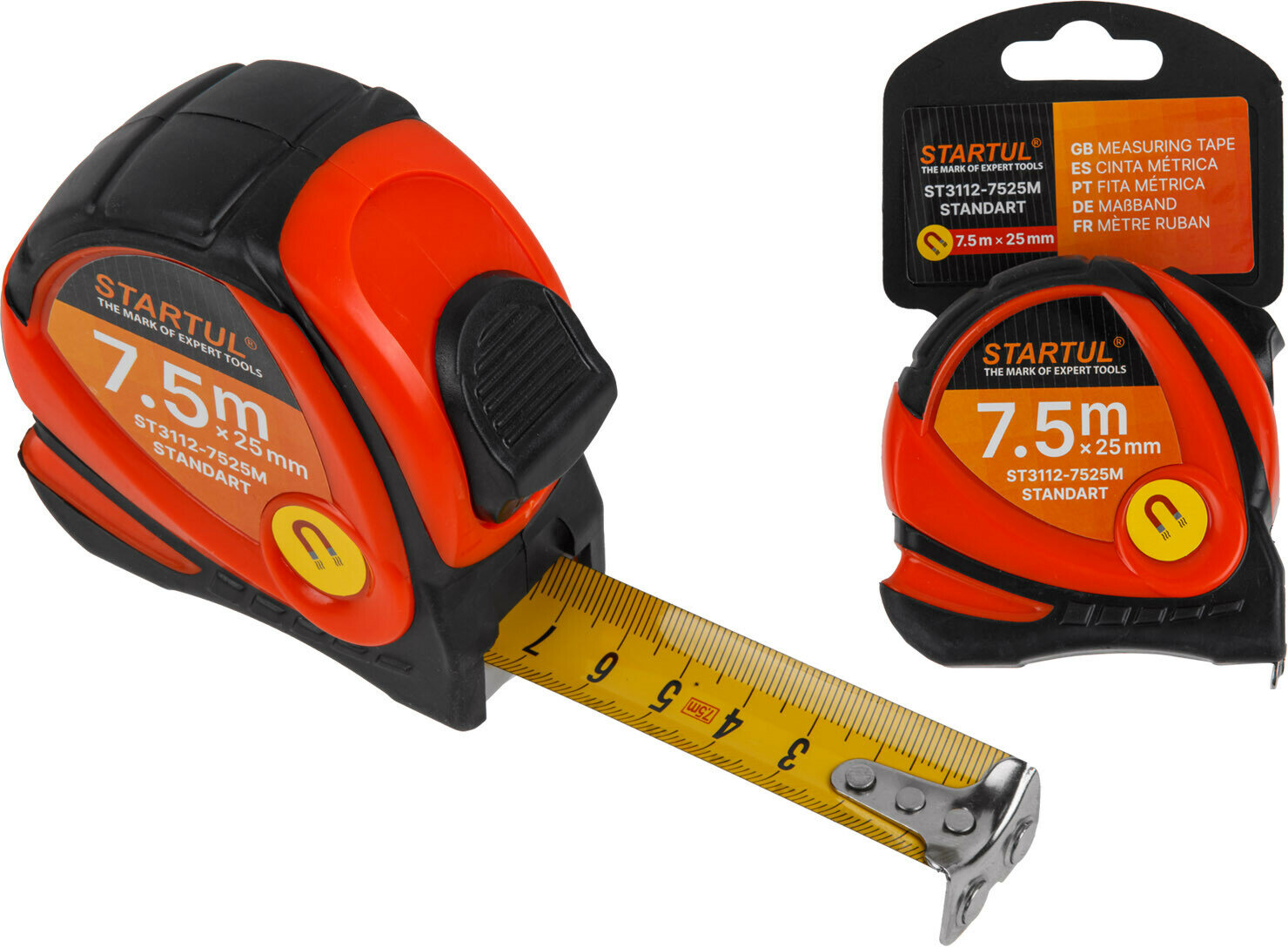 Рулетка строительная STARTUL STANDART ST3112-7525M, длина 7,5 м, ширина 25 мм, магнитный зацеп — фото 1