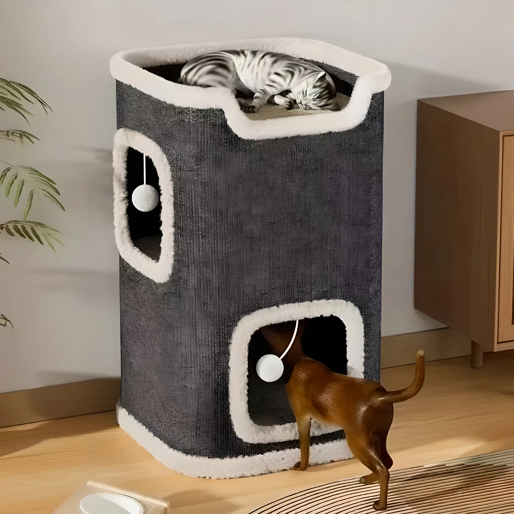 Домик-трансформер для кошек серый 2 яруса когтеточка игрушка