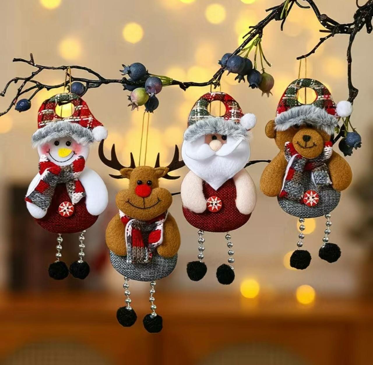Новогодние мягкие елочные игрушки - снеговик, дед мороз, олень и медведь