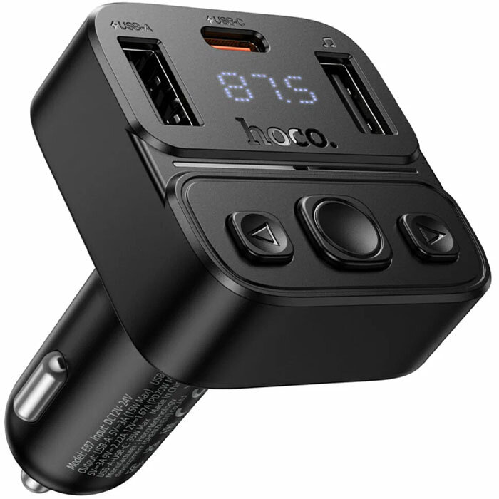 Автомобильный адаптер USB-C и USB-A FM трансмиттер Hoco E87 Black зарядка PD 20W QC3.0 35W плеер BT 5.4 - чёрный
