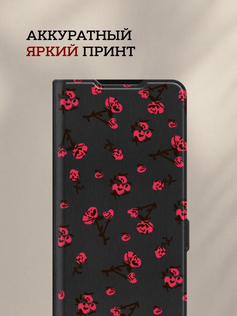 Чехол-книжка на Honor 90 Lite / Хонор 90 Лайт с принтом Паттерн красные розы, черный — фото 1