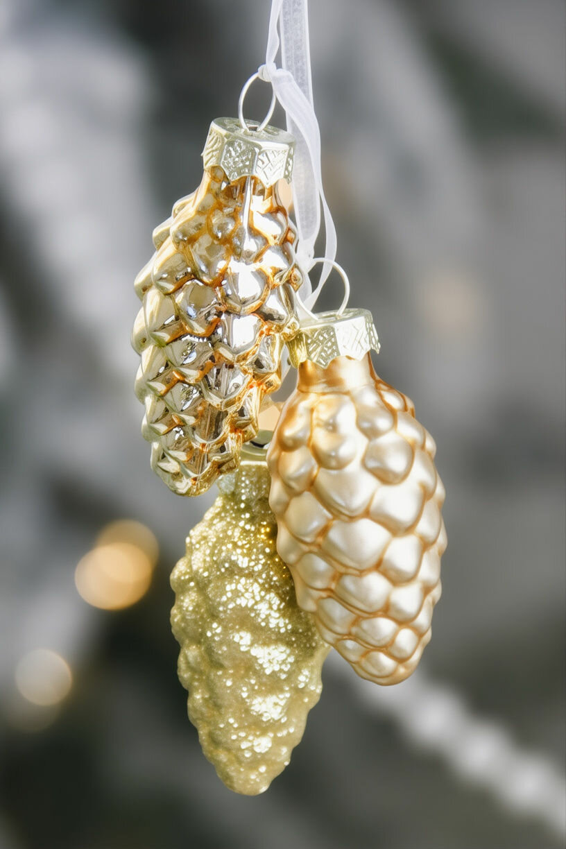 Ёлочное украшение-гроздь шишечки на ленточках золотые, стекло, 11 см, Winter Deco 1001442