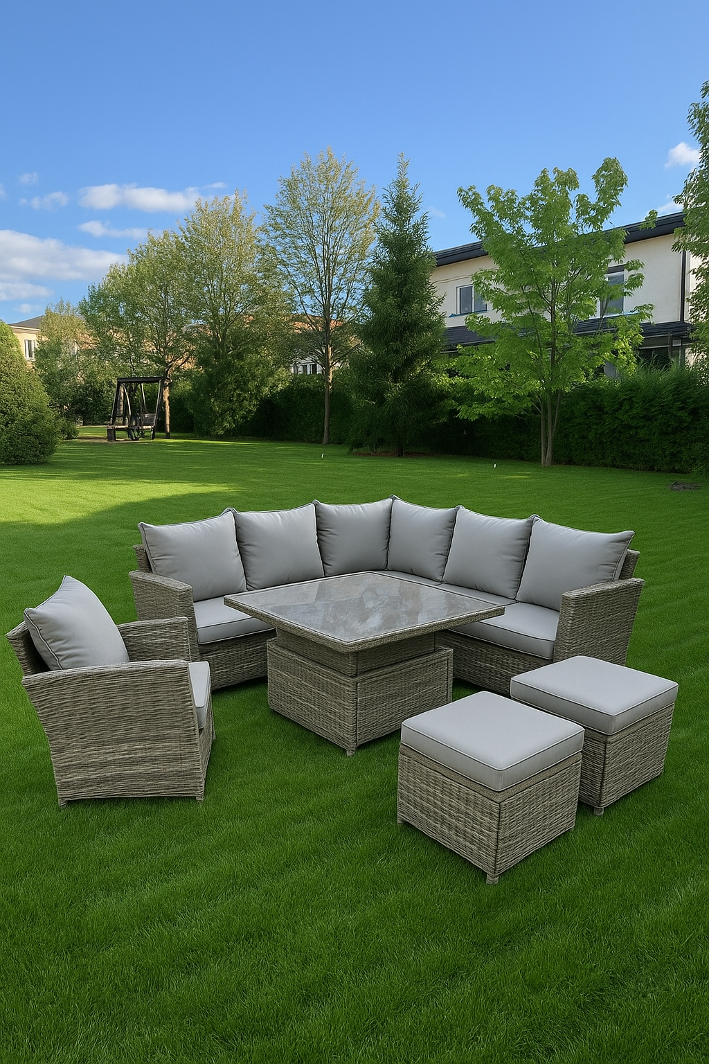 Комплект садовой мебели Full Comfort - MILAN(стол трансформер угловой диван кресло 2 пуфа) 8 персон ротанг серый