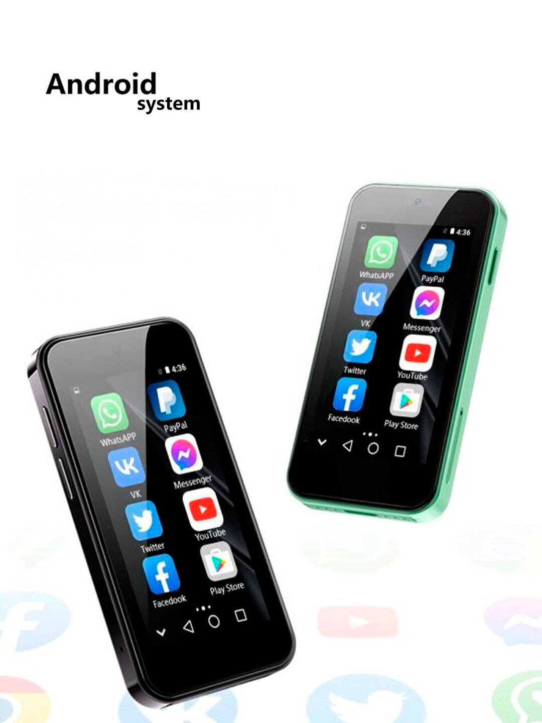 Мини смартфон, сенсорный телефон, Android 12, с памятью 2/16 Гб - Черный — фото 1