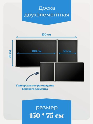 Изображение товара Доска двухэлементная магнитная полимерная, МелМар, 1500х750 мм, (меловая) черная