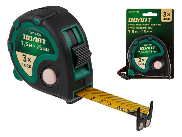 Рулетка 7,5 м волат 20070-725, 3 механизма фиксаации, двухсторонняя шкала, магнитный зацеп — фото 1