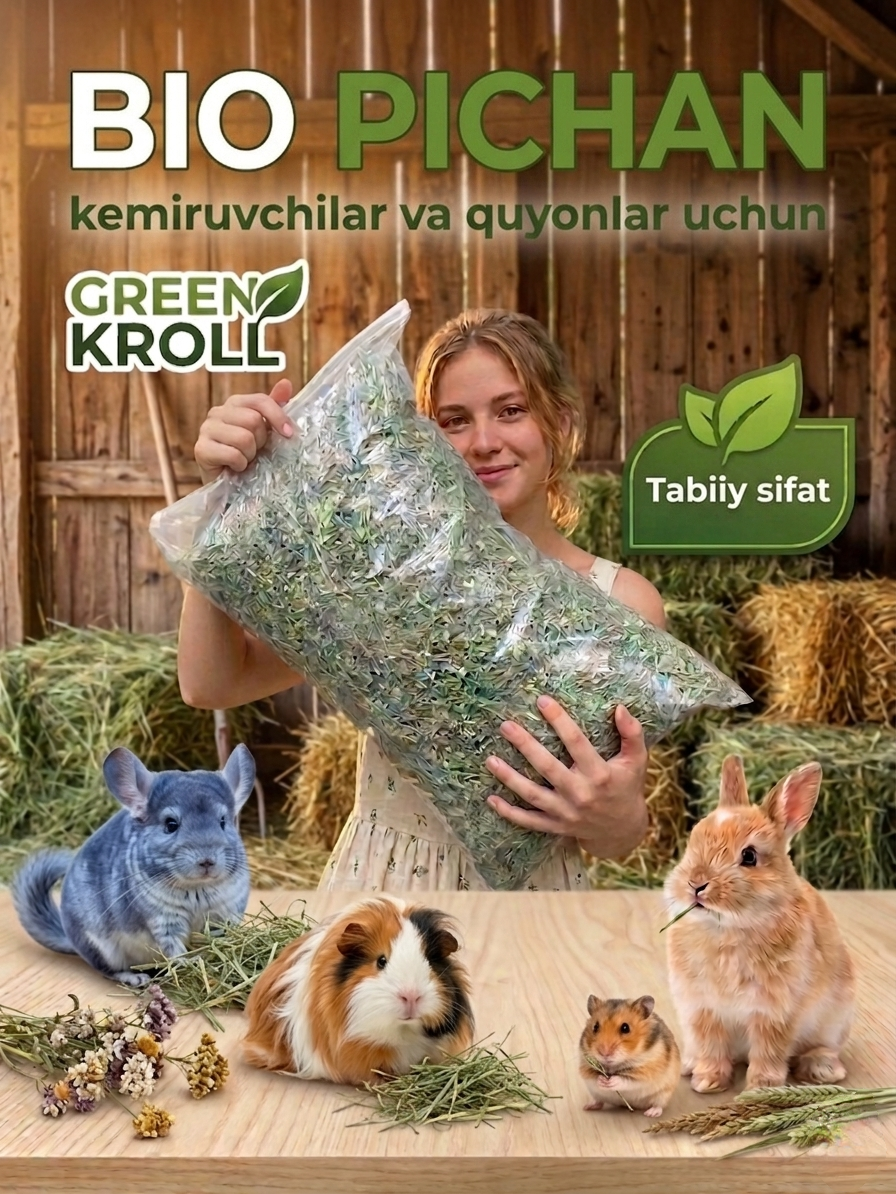Био сено для грызунов и кроликов GREEN KROLL, натуральный корм 1.5 кг