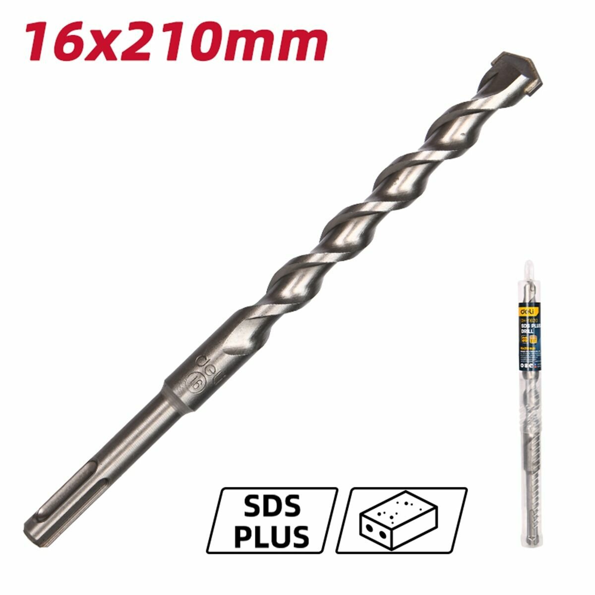 Бур по бетону SDS Plus 16х210мм Deli DH-Y16210 (наконечник карбид вольфрама YG8C)
