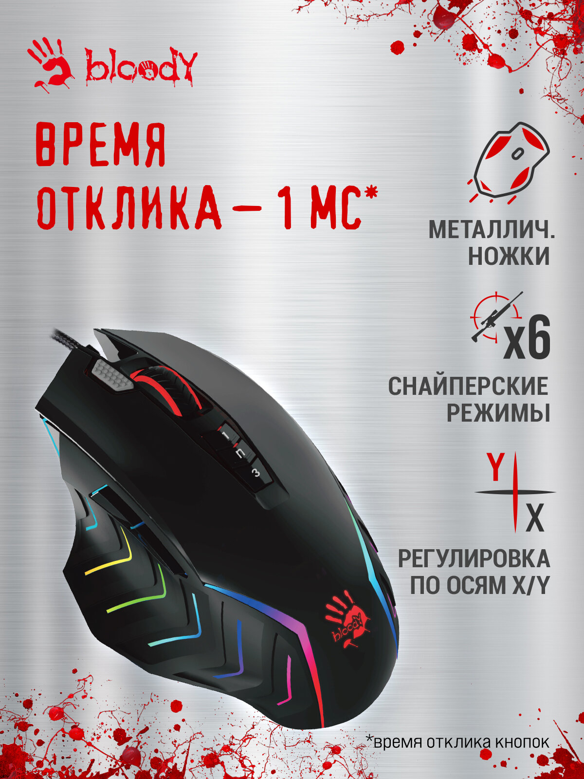 Мышь A4Tech Bloody J95s черный, оптическая, разрешение сенсора 8000dpi, проводная, длина провода 1.8м, кнопок: 9 — фото 1