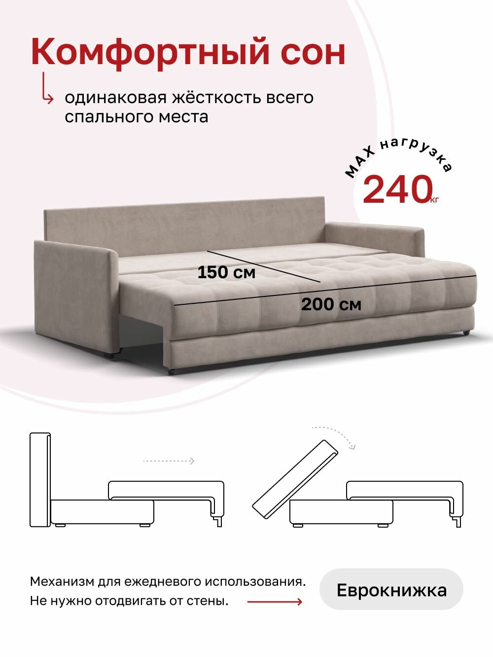 Диван-кровать с ящиками для хранения BOSS 2.0 LOFT, еврокнижка, велюр MONOLIT Латте, 220х110х90 см — фото 1
