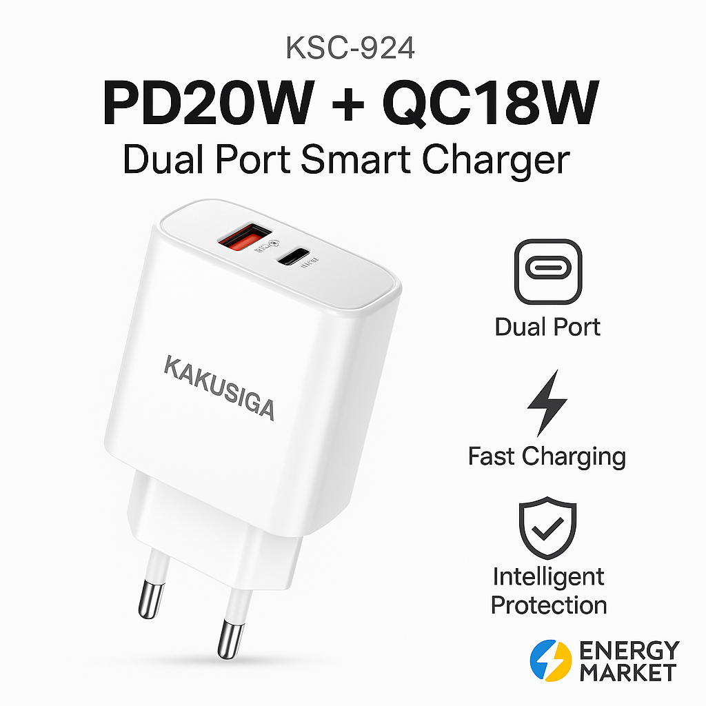 Умное зарядное устройство KAKUSIGA KSC-924 с двумя портами | PD20W + QC18W | Type-C + USB | Вилка европейского стандарта