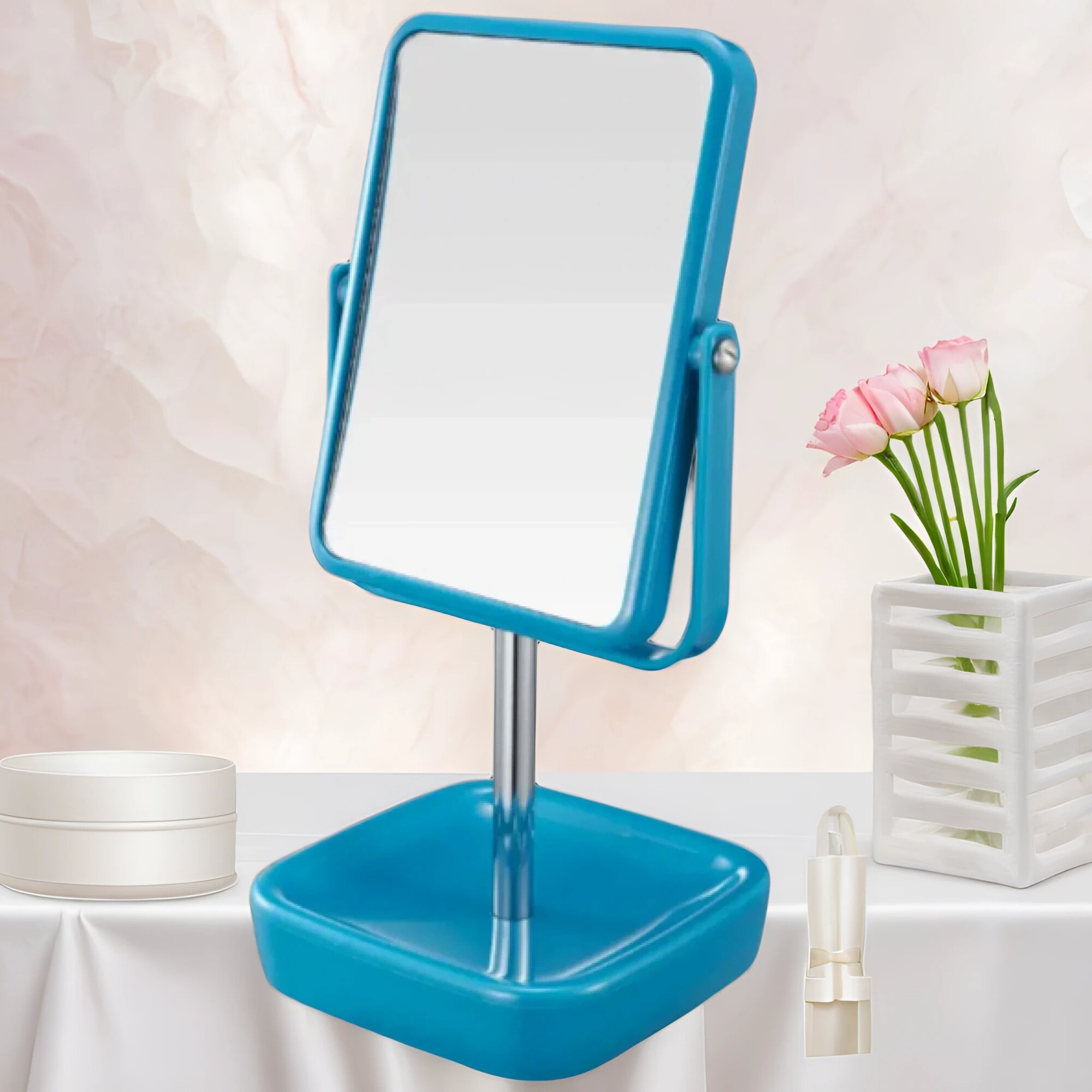 Зеркало косметическое Two Dolfins  настольное 2 х стороннее с 3 х кратным увеличением  оправа голубая 