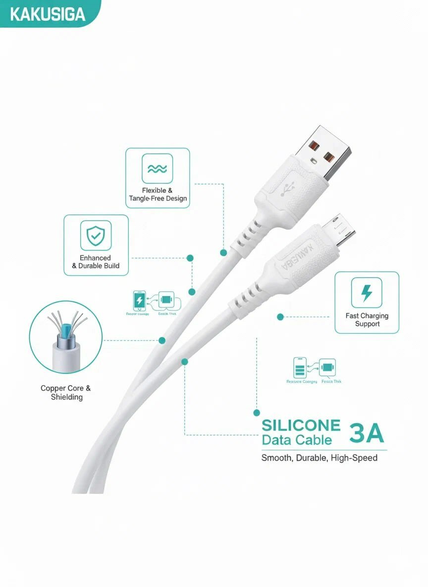 Кабель KAKUSIGA, USB-Micro, 3A, огнестойкий, силиконовый, 1м — фото 1