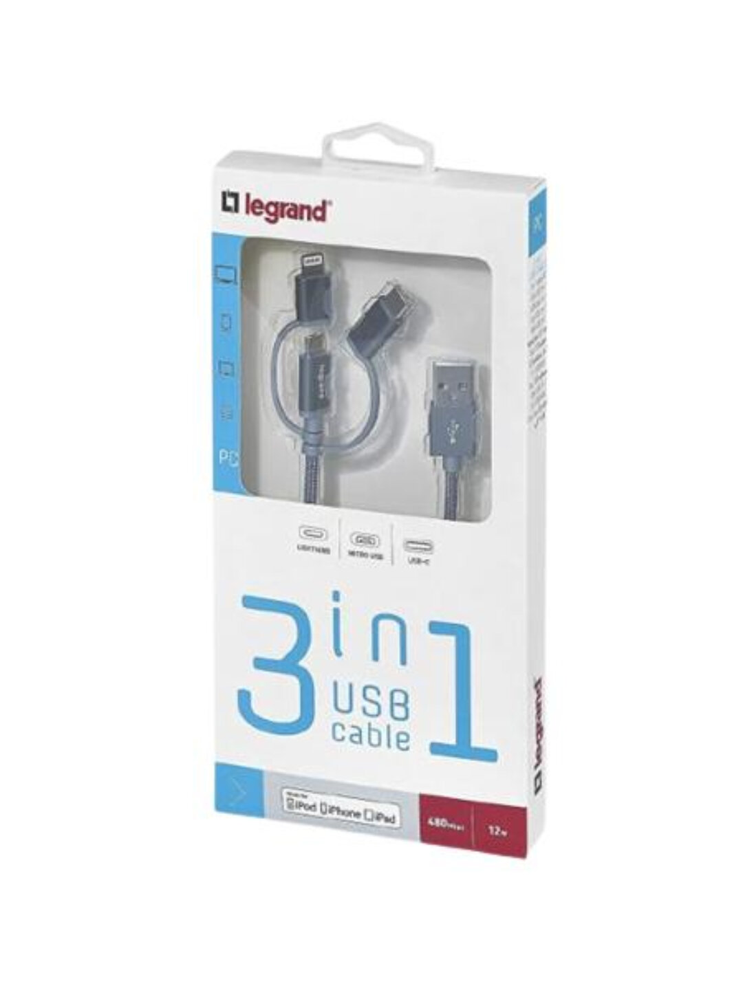 Зарядный кабель Legrand 3 в 1, USB-Lightning + USB-Type C + Micro-USB — фото 1
