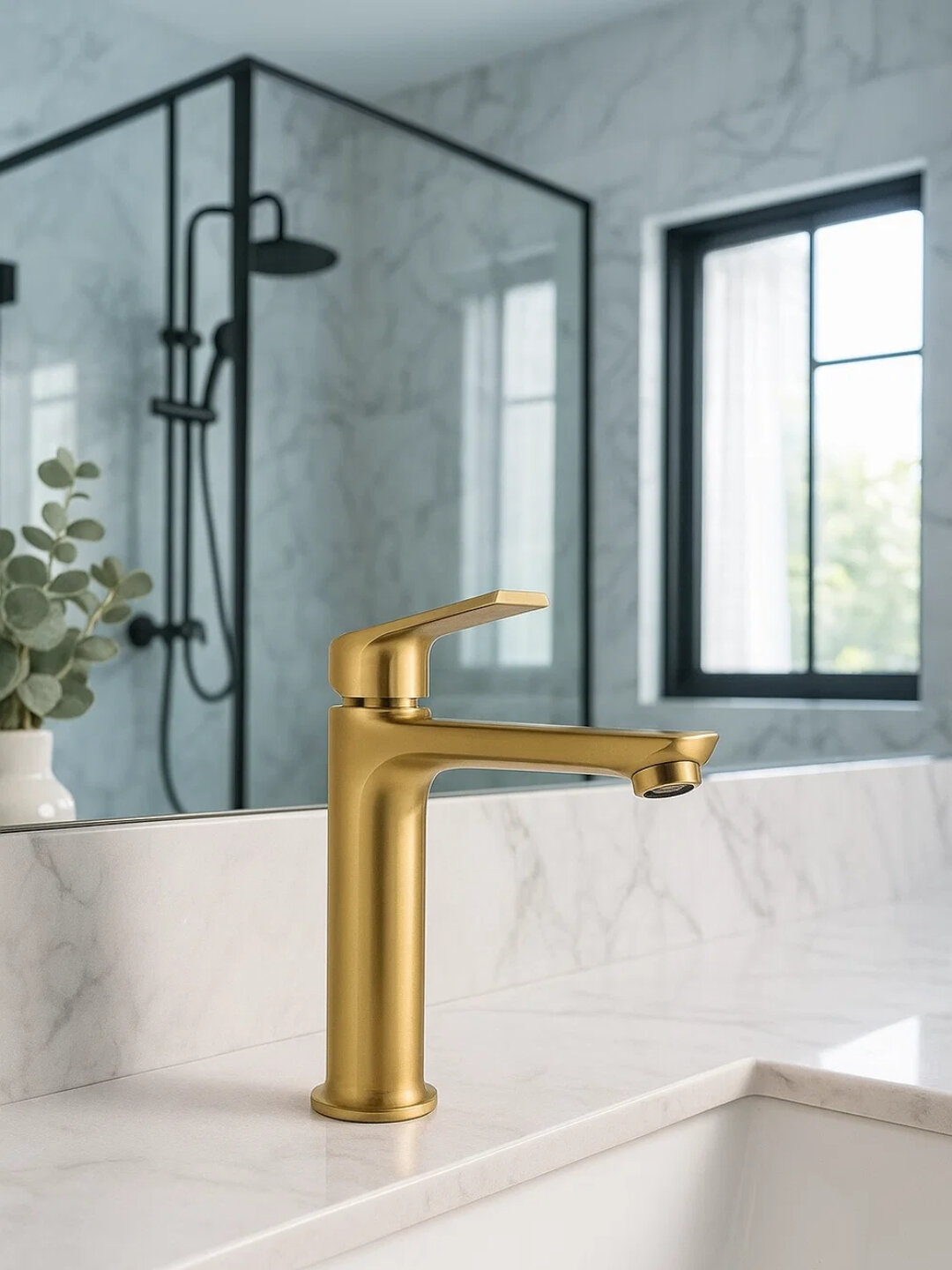 Современный смеситель для умывальника с высоким изливом и эргономичным рычагом