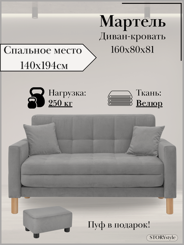 Изображение товара Диван-кровать мартель, прямой, 160*80*81, спальное 140*194, велюр серый, Велутто 32