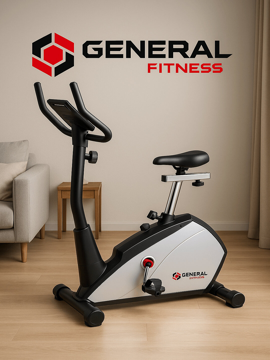 Велотренажер General Fitness GF-56B, магнитная система нагрузки, LCD-дисплей, белый/черный — фото 1